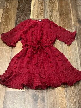 JODIFL Red Textured Pom-Pom Mini Dress with elastic Waist with belt.Size Large